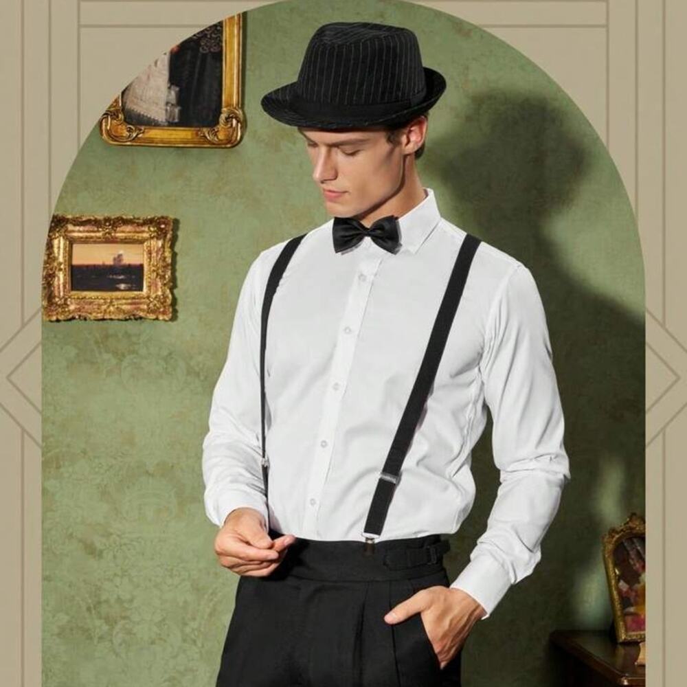 White Shirt with Black Suspenders and Bow Tie Like New!